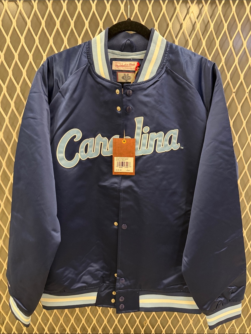 Mitchell & Ness Navy Satin Carolina Script Bomber Jacket with Light Blue Trim